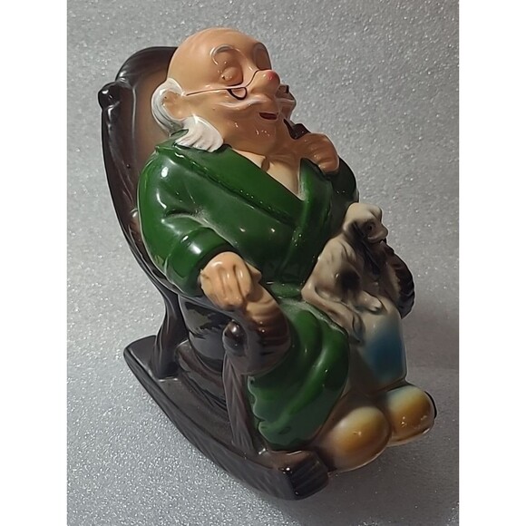 Vintage Retirement Fund Piggy Bank Old Man Grandpa W/ Dog Rocking Chair Japan - Picture 1 of 6